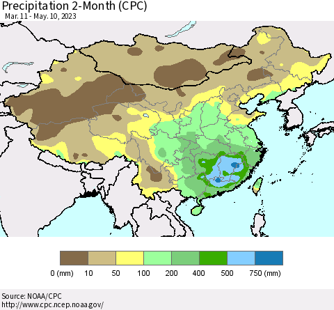 China, Mongolia and Taiwan Precipitation 2-Month (CPC) Thematic Map For 3/11/2023 - 5/10/2023