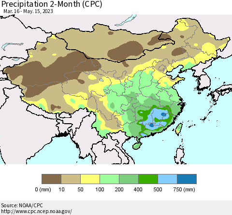 China, Mongolia and Taiwan Precipitation 2-Month (CPC) Thematic Map For 3/16/2023 - 5/15/2023