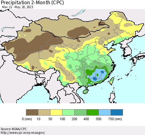China, Mongolia and Taiwan Precipitation 2-Month (CPC) Thematic Map For 3/21/2023 - 5/20/2023