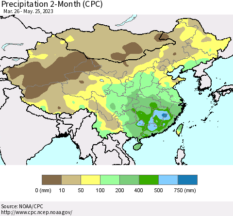 China, Mongolia and Taiwan Precipitation 2-Month (CPC) Thematic Map For 3/26/2023 - 5/25/2023