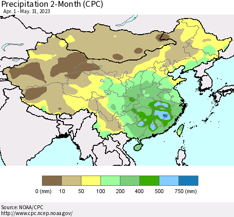 China, Mongolia and Taiwan Precipitation 2-Month (CPC) Thematic Map For 4/1/2023 - 5/31/2023