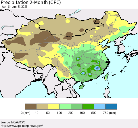 China, Mongolia and Taiwan Precipitation 2-Month (CPC) Thematic Map For 4/6/2023 - 6/5/2023