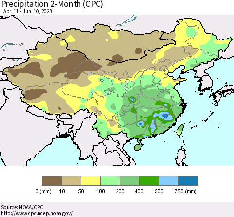 China, Mongolia and Taiwan Precipitation 2-Month (CPC) Thematic Map For 4/11/2023 - 6/10/2023