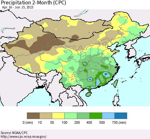 China, Mongolia and Taiwan Precipitation 2-Month (CPC) Thematic Map For 4/16/2023 - 6/15/2023