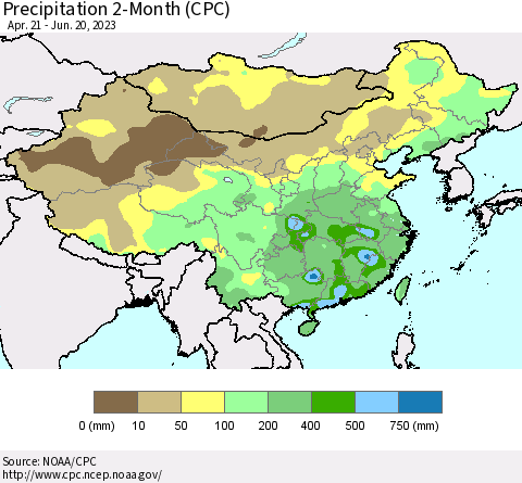 China, Mongolia and Taiwan Precipitation 2-Month (CPC) Thematic Map For 4/21/2023 - 6/20/2023