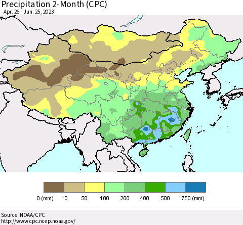 China, Mongolia and Taiwan Precipitation 2-Month (CPC) Thematic Map For 4/26/2023 - 6/25/2023