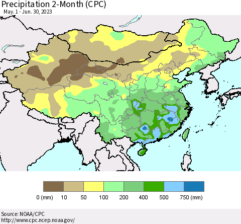 China, Mongolia and Taiwan Precipitation 2-Month (CPC) Thematic Map For 5/1/2023 - 6/30/2023