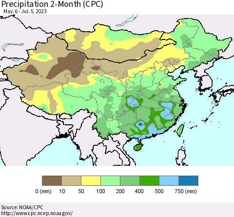 China, Mongolia and Taiwan Precipitation 2-Month (CPC) Thematic Map For 5/6/2023 - 7/5/2023