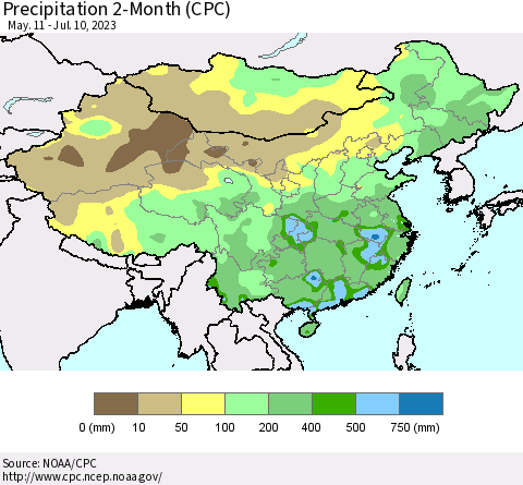 China, Mongolia and Taiwan Precipitation 2-Month (CPC) Thematic Map For 5/11/2023 - 7/10/2023
