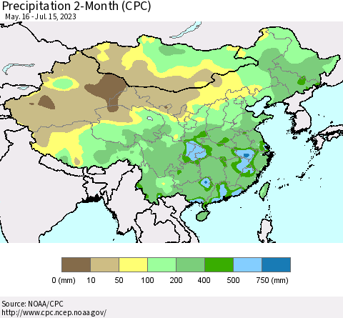 China, Mongolia and Taiwan Precipitation 2-Month (CPC) Thematic Map For 5/16/2023 - 7/15/2023