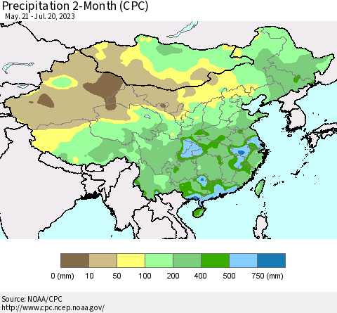 China, Mongolia and Taiwan Precipitation 2-Month (CPC) Thematic Map For 5/21/2023 - 7/20/2023