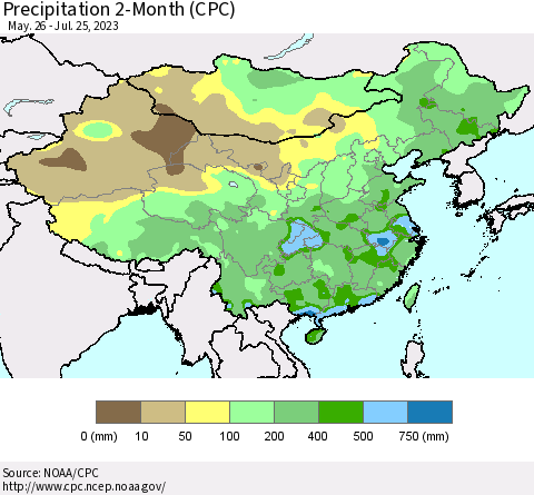 China, Mongolia and Taiwan Precipitation 2-Month (CPC) Thematic Map For 5/26/2023 - 7/25/2023