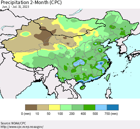 China, Mongolia and Taiwan Precipitation 2-Month (CPC) Thematic Map For 6/1/2023 - 7/31/2023