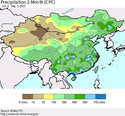 China, Mongolia and Taiwan Precipitation 2-Month (CPC) Thematic Map For 6/6/2023 - 8/5/2023