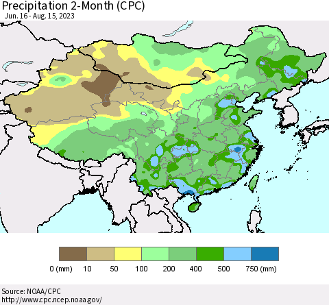 China, Mongolia and Taiwan Precipitation 2-Month (CPC) Thematic Map For 6/16/2023 - 8/15/2023
