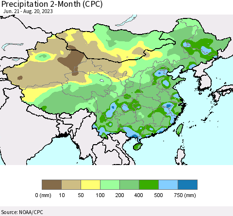 China, Mongolia and Taiwan Precipitation 2-Month (CPC) Thematic Map For 6/21/2023 - 8/20/2023