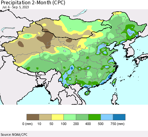 China, Mongolia and Taiwan Precipitation 2-Month (CPC) Thematic Map For 7/6/2023 - 9/5/2023