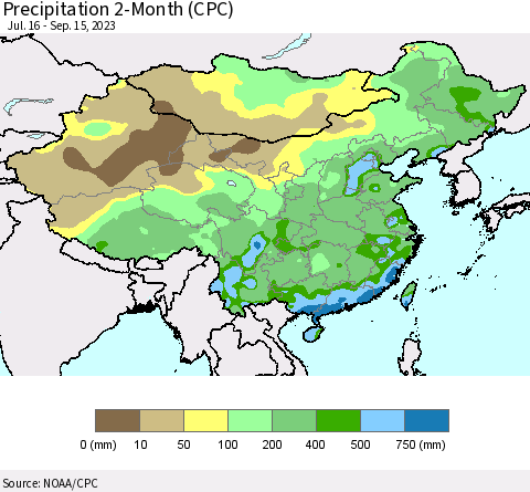 China, Mongolia and Taiwan Precipitation 2-Month (CPC) Thematic Map For 7/16/2023 - 9/15/2023