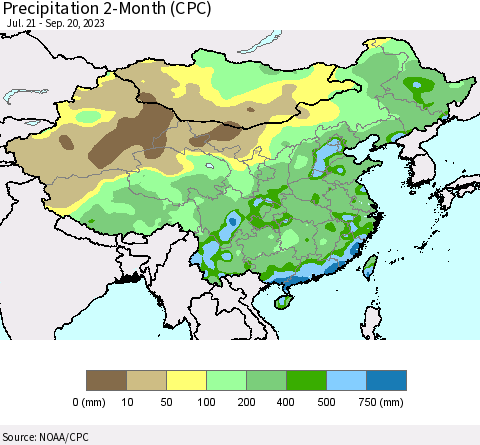 China, Mongolia and Taiwan Precipitation 2-Month (CPC) Thematic Map For 7/21/2023 - 9/20/2023