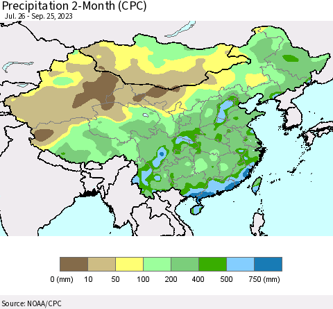 China, Mongolia and Taiwan Precipitation 2-Month (CPC) Thematic Map For 7/26/2023 - 9/25/2023