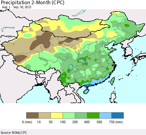 China, Mongolia and Taiwan Precipitation 2-Month (CPC) Thematic Map For 8/1/2023 - 9/30/2023