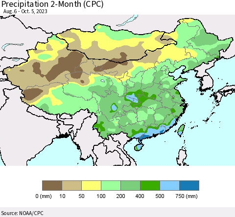 China, Mongolia and Taiwan Precipitation 2-Month (CPC) Thematic Map For 8/6/2023 - 10/5/2023