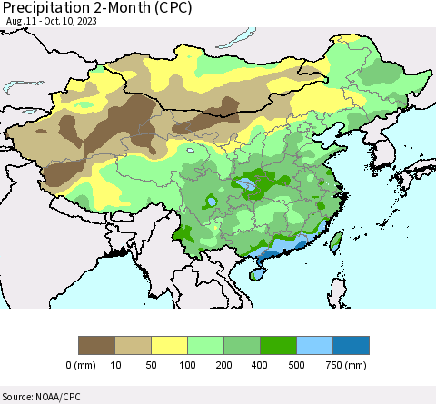 China, Mongolia and Taiwan Precipitation 2-Month (CPC) Thematic Map For 8/11/2023 - 10/10/2023