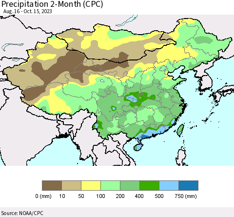 China, Mongolia and Taiwan Precipitation 2-Month (CPC) Thematic Map For 8/16/2023 - 10/15/2023