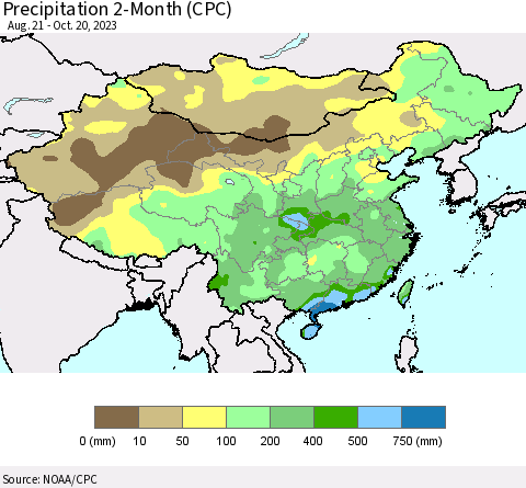 China, Mongolia and Taiwan Precipitation 2-Month (CPC) Thematic Map For 8/21/2023 - 10/20/2023