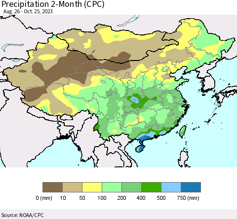China, Mongolia and Taiwan Precipitation 2-Month (CPC) Thematic Map For 8/26/2023 - 10/25/2023