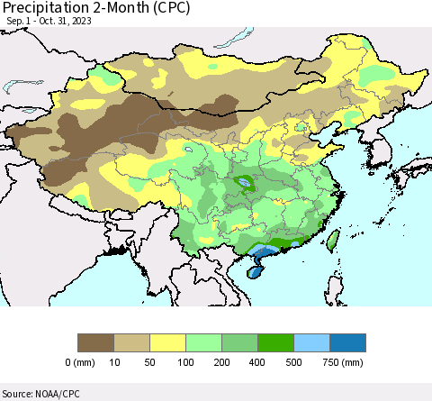 China, Mongolia and Taiwan Precipitation 2-Month (CPC) Thematic Map For 9/1/2023 - 10/31/2023