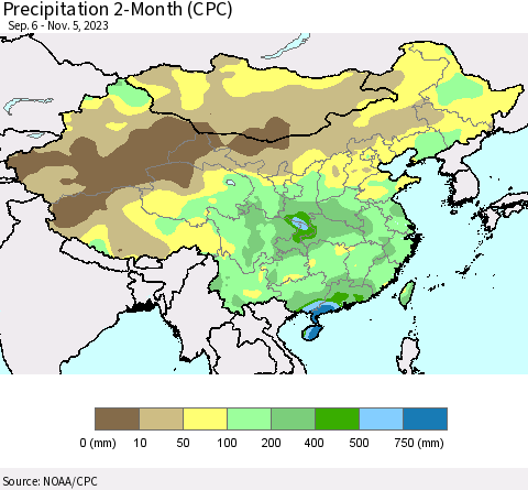 China, Mongolia and Taiwan Precipitation 2-Month (CPC) Thematic Map For 9/6/2023 - 11/5/2023