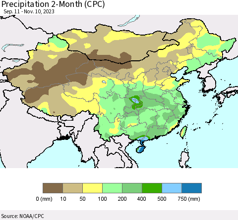 China, Mongolia and Taiwan Precipitation 2-Month (CPC) Thematic Map For 9/11/2023 - 11/10/2023