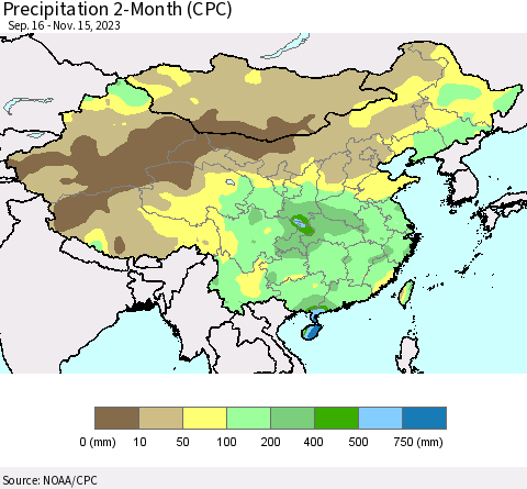 China, Mongolia and Taiwan Precipitation 2-Month (CPC) Thematic Map For 9/16/2023 - 11/15/2023