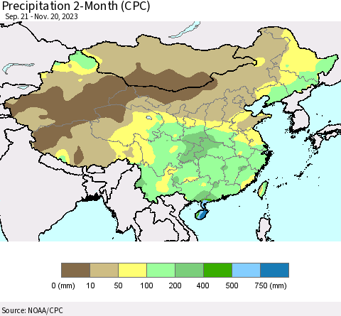 China, Mongolia and Taiwan Precipitation 2-Month (CPC) Thematic Map For 9/21/2023 - 11/20/2023