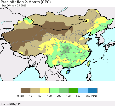 China, Mongolia and Taiwan Precipitation 2-Month (CPC) Thematic Map For 9/26/2023 - 11/25/2023