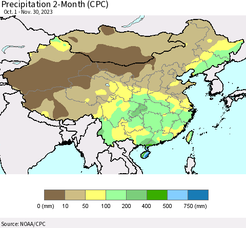 China, Mongolia and Taiwan Precipitation 2-Month (CPC) Thematic Map For 10/1/2023 - 11/30/2023