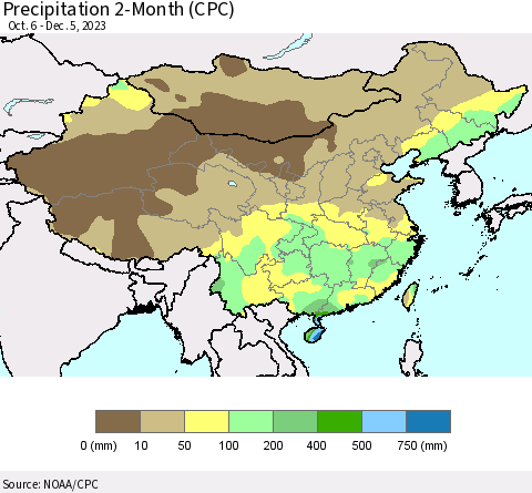 China, Mongolia and Taiwan Precipitation 2-Month (CPC) Thematic Map For 10/6/2023 - 12/5/2023