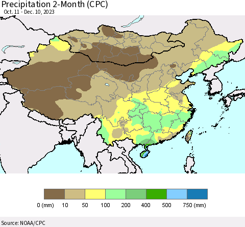 China, Mongolia and Taiwan Precipitation 2-Month (CPC) Thematic Map For 10/11/2023 - 12/10/2023
