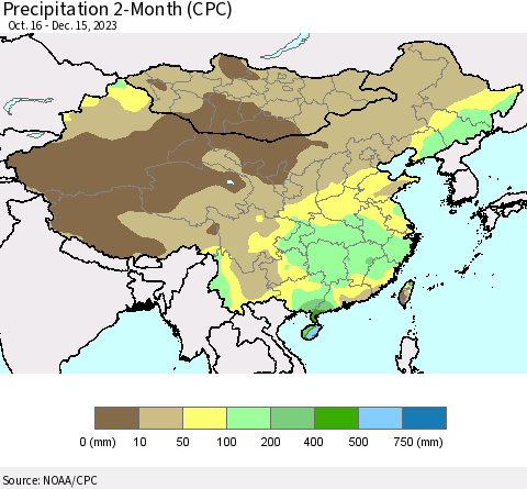 China, Mongolia and Taiwan Precipitation 2-Month (CPC) Thematic Map For 10/16/2023 - 12/15/2023
