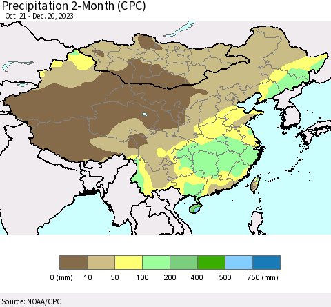 China, Mongolia and Taiwan Precipitation 2-Month (CPC) Thematic Map For 10/21/2023 - 12/20/2023
