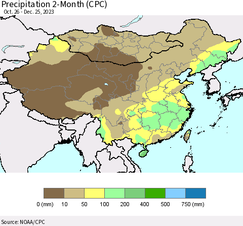 China, Mongolia and Taiwan Precipitation 2-Month (CPC) Thematic Map For 10/26/2023 - 12/25/2023