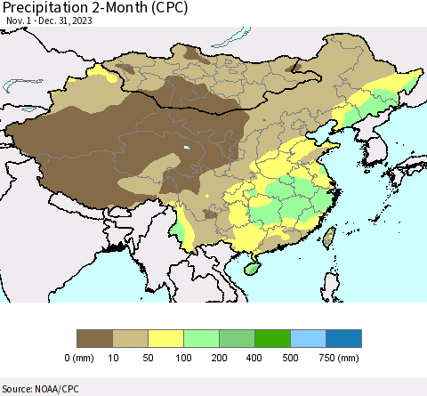 China, Mongolia and Taiwan Precipitation 2-Month (CPC) Thematic Map For 11/1/2023 - 12/31/2023