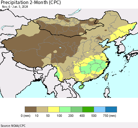 China, Mongolia and Taiwan Precipitation 2-Month (CPC) Thematic Map For 11/6/2023 - 1/5/2024