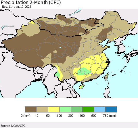 China, Mongolia and Taiwan Precipitation 2-Month (CPC) Thematic Map For 11/11/2023 - 1/10/2024
