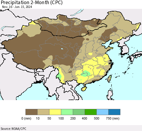 China, Mongolia and Taiwan Precipitation 2-Month (CPC) Thematic Map For 11/16/2023 - 1/15/2024