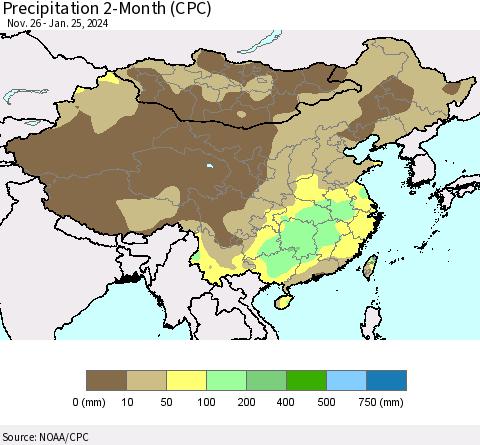 China, Mongolia and Taiwan Precipitation 2-Month (CPC) Thematic Map For 11/26/2023 - 1/25/2024