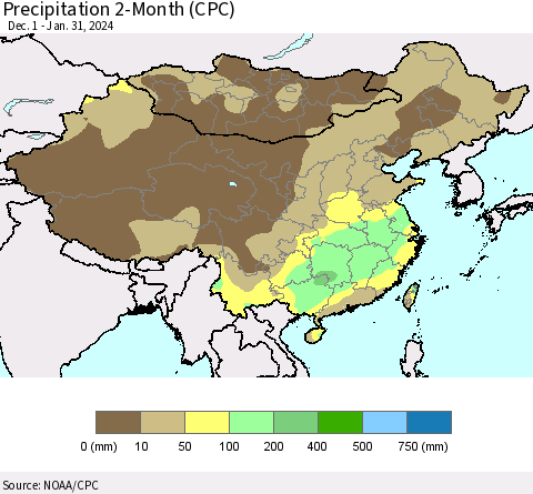 China, Mongolia and Taiwan Precipitation 2-Month (CPC) Thematic Map For 12/1/2023 - 1/31/2024