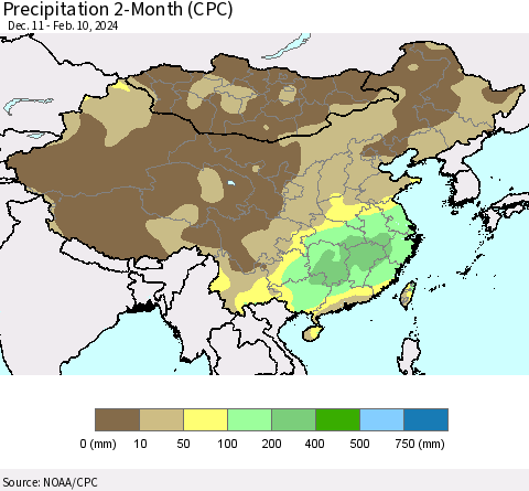 China, Mongolia and Taiwan Precipitation 2-Month (CPC) Thematic Map For 12/11/2023 - 2/10/2024