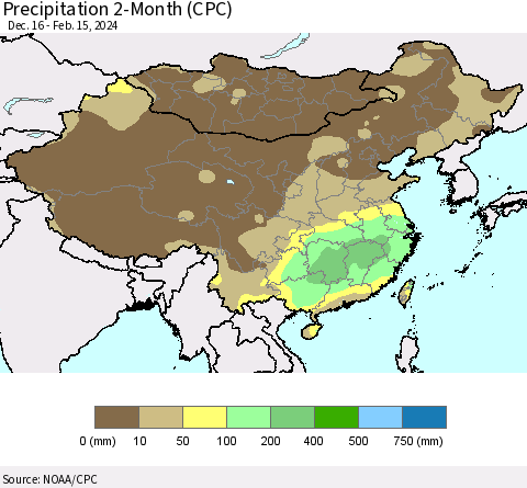 China, Mongolia and Taiwan Precipitation 2-Month (CPC) Thematic Map For 12/16/2023 - 2/15/2024